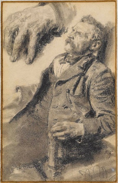 Studie eines sitzenden Mannes, links oben Studie der linken Hand von Adolph Menzel